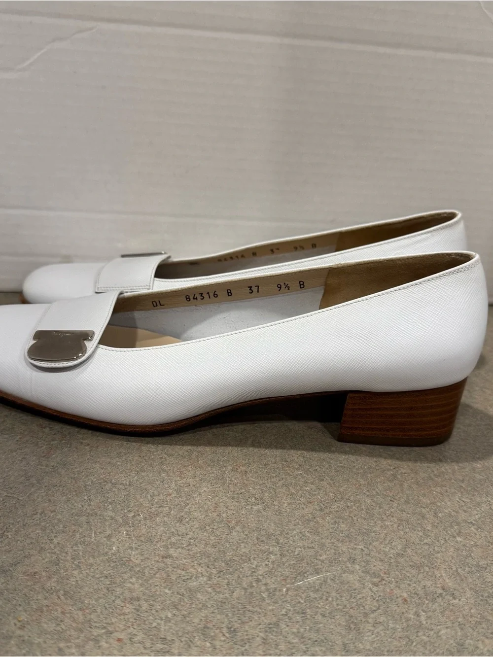 Salvatore Ferragamo White Leather Low Block Heel Loafers with Silver Buckle